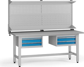Stół warsztatowy z regulacją wysokości G5 z panelem, 1800 x 750 x 800-1000 mm, 2x kontener, 4x szuflada, niebieski