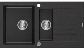 Mexen Matias zlewozmywak granitowy 1,5-komorowy z ociekaczem 900 x 505 mm, czarny/srebrny metalik, syfon chrom - 6502901505-73