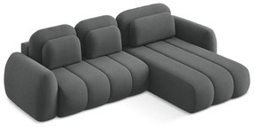 Ciemnoszary rozkładany narożnik z materiału bouclé ze schowkiem (prawostronny/z szezlongiem) Pele – Makamii