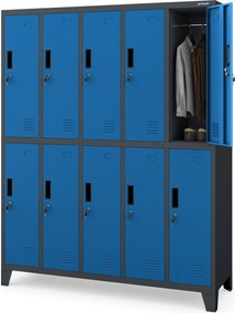 Metalowa szatnia 10-skrytkowa Bartek 136x45x172 cm, antracyt/niebieski