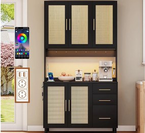 Kredens kuchenny 100×40×183 cm - z USB i gniazdkiem - z oświetleniem LED - 5 drzwi i 3 szuflady - czarny+naturalny