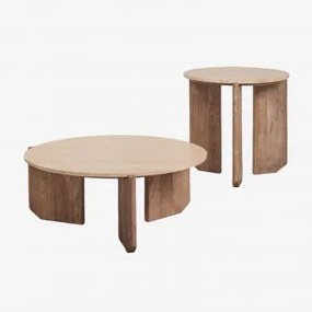 Zestaw 2 Okrągłych Stolików Kawowych Z Naturalnego Kamienia I Drewna Mango Lavinia Travertine & Naturalna - Sklum