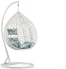 Białe wiszące krzesło KOKON ze stelażem, zielono-biała poduszka