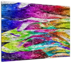 Obraz na szkle - Mur z cegły z kolorowymi płomieniami (70x50 cm)