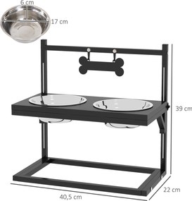 PawHut Stacja karmienia z podwyższonymi miseczkami ze stali nierdzewnej, 40,5 x 22 x 39 cm, Czarny + Srebrny