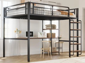 Łóżko mezzanine metalowe 140x200 cm - z biurkiem i drabiną bezpieczeństwa - Czarne