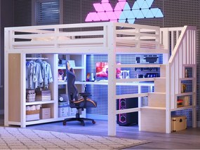 Łóżko antresolowe metalowe 140 x 200 cm - LED i port USB - Biurko, otwarta szafa i drabinka do przechowywania - Biały (bez materaca)