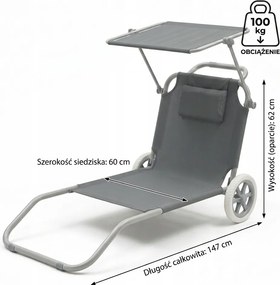 Leżak plażowy Solmare z daszkiem i kołami - składany leżak ogrodowy, ciemnoszary