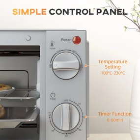 HOMCOM Minipiekarnik 9L, Mini piekarnik z blachą, rusztem, regulowaną temperaturą i czasem pieczenia, stal nierdzewna, srebrny