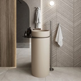 Umywalka z konglomeratu wolnostojąca okrągła z półką szklaną 85 x 40 cm RONA bez przelewu | Różne kolory półki : Kolor szkła - Grafitowy, Kolor umywalki RONA - Beż matowy, Półka - Szklana