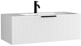 Podwieszana szafka łazienkowa prążkowana z umywalką podblatową i kranem - Kolor biały - 100 cm - PALIRO
