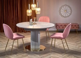 Rozkładany stół okrągły Muskat 120-160 cm z ceramicznym szarym blatem na jednej nodze MDF, złota podstawa do jadalni