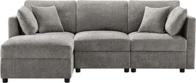 Sofa 3-osobowa, Sofa narożna z podnóżkiem i regulowanymi podłokietnikami - szary szenil