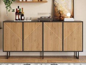 Nowoczesny kredens 160x40x75 cm - 4 drzwi - Wykończenie naturalnego drewna - 3 żelazne nogi - Płyta wiórowa - Naturalny