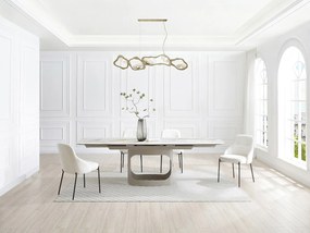 Rozkładany stół jadalniany dla 6–10 osób z ceramiki, hartowanego szkła i metalu w kolorze taupe – efekt białego marmuru – DAVULO od Maison Céphy.