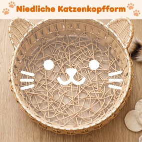 PawHut Legowisko rattanowe dla kota, jaskinia z odpinaną poduszką, kosz dla kotów do 10 kg, 50 x 50 x 25 cm, jasnobrązowy | Aosom PL
