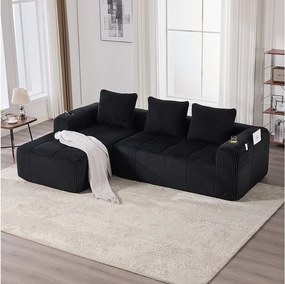 Kompaktowa modułowa sofa w kolorze sztruksowym z kieszeniami bocznymi i poduszkami, czarna – elegancja i funkcjonalność do codziennego użytku