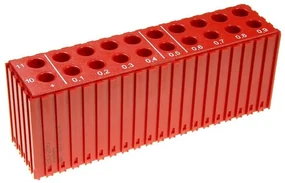 Pudełko plastikowe do przechowywania wierteł 10–11,9 mm, moduł 20x5, 20 gniazd, czerwone
