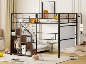 Łóżko mezzanine dla dzieci 140x200cm - z drabiną bezpieczeństwa i schowkami - Czarne