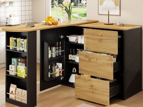 Obrotowy mebel barowy 360° i chowany - z 3 szufladami i 1 drzwiami - otwarte półki - czarny + naturalny