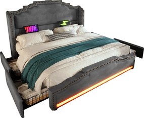 Łóżko podwójne tapicerowane 140x200cm - z 4 szufladami - z LED i portami ładowania - Szare