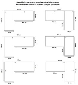 Duże narożne biurko loft regulowane 120x180x60 dąb craft złoty - Kogito