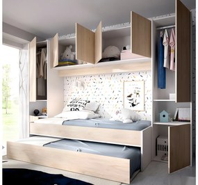Wysuwane łóżko SELENA z zabudową – 90 × 190 cm – kolor: dębowy i biały