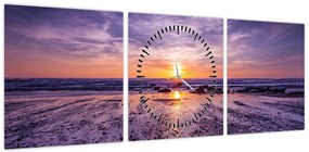 Obraz plaży - zachód słońca (z zegarem) (90x30 cm)