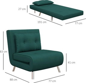 HOMCOM Sofa rozkładana z funkcją spania ciemnozielona wygodna kanapa jednoosobowa do salonu nowoczesna | Aosom PL