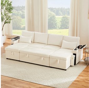 Sofa rozkładana 4-osobowa - 272 x 131 x 84 cm - z uchwytami na kubki + schowkiem + poduszkami - aksamitna - beżowa