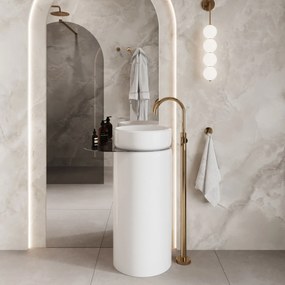 Umywalka z konglomeratu wolnostojąca okrągła z półką szklaną 85 x 40 cm RONA bez przelewu | Różne kolory półki : Kolor szkła - Grafitowy, Kolor umywalki RONA - Biały połysk, Półka - Szklana