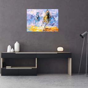 Obraz na szkle biegnących koni, obraz olejny (70x50 cm)