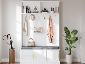 Nowoczesna szafa na przedpokoju - z 6 hakami i 3 drzwiami - z ławką i otwartymi półkami - Biała