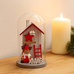 Kopuła szklana z drewnianym domkiem świątecznym, 12 cm