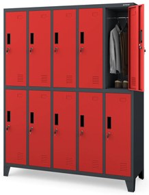 Szafa socjalna ubraniowa BHP 10-drzwiowa antracytowo-czerwona: BARTEK, 1360 x 1720 x 450 mm