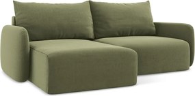 Zielony aksamitny rozkładany/ze schowkiem narożnik (lewostronny/z szezlongiem) Kalena – Makamii