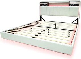 Tapicerowane łóżko 140x200cm - Wielofunkcyjne wezgłowie - z oświetleniem LED i portem USB - design w zawieszeniu - Beżowy