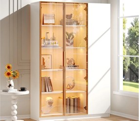 Szklana witryna 165 cm wysokości - Oświetlenie LED - 3 drzwi - Regulowane półki - MDF + Płyta wiórowa - Biały