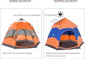 Namiot wodoodporny Campingowy 275x275 cm dla rodziny - Quick-Up, podwójna ściana, outdoor, z torbą i moskitierą Pomarańczowy Niebieski | Aosom PL