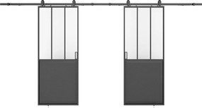Drzwi przesuwne podwójne industrialne z szyną natynkową - Czarny i matowe szkło hartowane - 2 x wys. 205 x szer. 93 cm - ARTISTO II