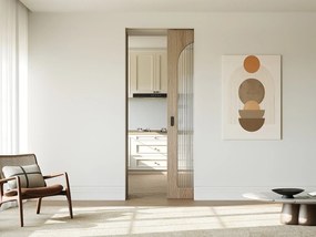Drzwi przesuwne z systemem chowanym w ścianie z drewna i MDF - łuk naturalny jasny i szkło hartowane ryflowane - W205 x Szer73 cm - ODEZA