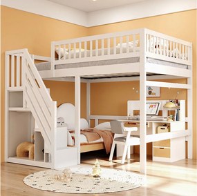 Łóżko piętrowe dla dzieci - 140 x 200 cm - schody z pojemnikiem - drewno - białe