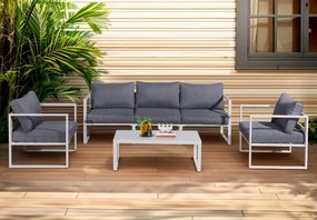 Zestaw ogrodowy Marinel White 5-osobowy – aluminiowe meble ogrodowe z sofą, fotelami i stolikiem