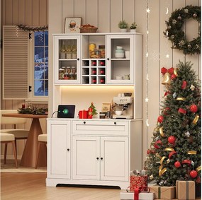 Wysoka komoda kuchenna - 105 x 40 x 180 cm - z szufladą + 5 drzwi + półki + diody + gniazdka - MDF - biała