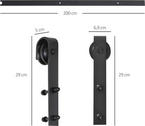 HOMCOM Zestaw szyn gleitowych do drzwi przesuwnych, do 90 kg, stal węglowa, 200 cm, czarny, w zestawie narzędzia