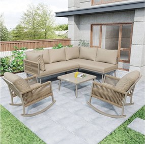 Zestaw mebli ogrodowych modułowy 6-osobowy - 2 fotele bujane + sofa + stolik + poduszki - metal - beżowy
