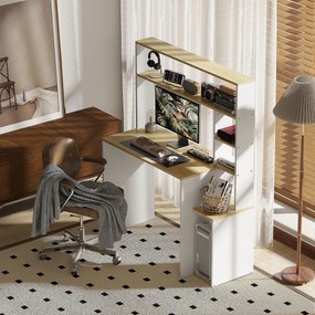 HOMCOM Biurko komputerowe z otwartymi półkami i przegródkami, stalowe, Jasnobrązowe+Białe