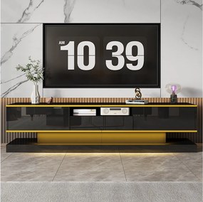 Szafa RTV do salonu, czarna szafka RTV z 3 szufladami i 1 otwartą przegrodą, oświetlenie LED