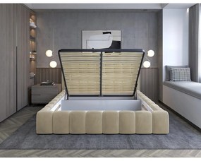 Beżowe tapicerowane łóżko dwuosobowe ze schowkiem ze stelażem 160x200 cm Lamica – ELTAP