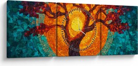Obraz - Drzewo życia i słońce w mozaice (z zegarem) (90x30 cm)